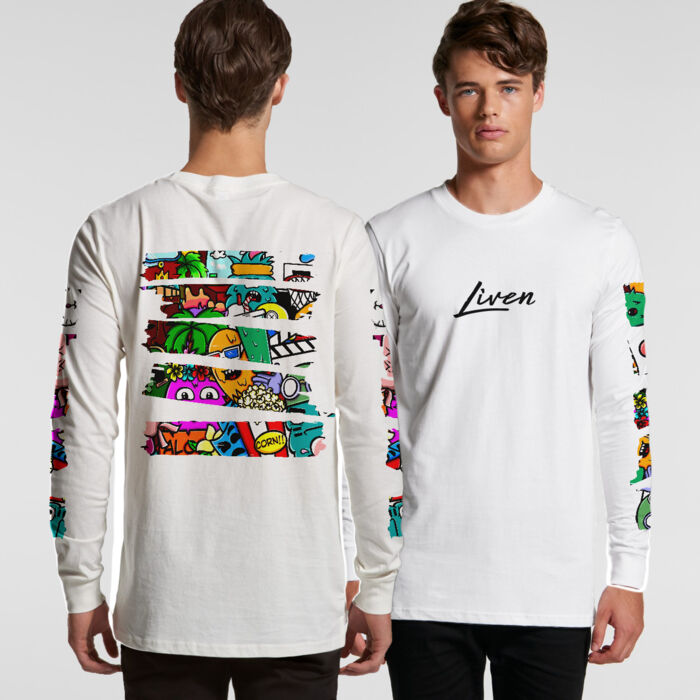 Doodle 3 Unisex Long Sleeve Shirt (White, Tan) Thumbnail