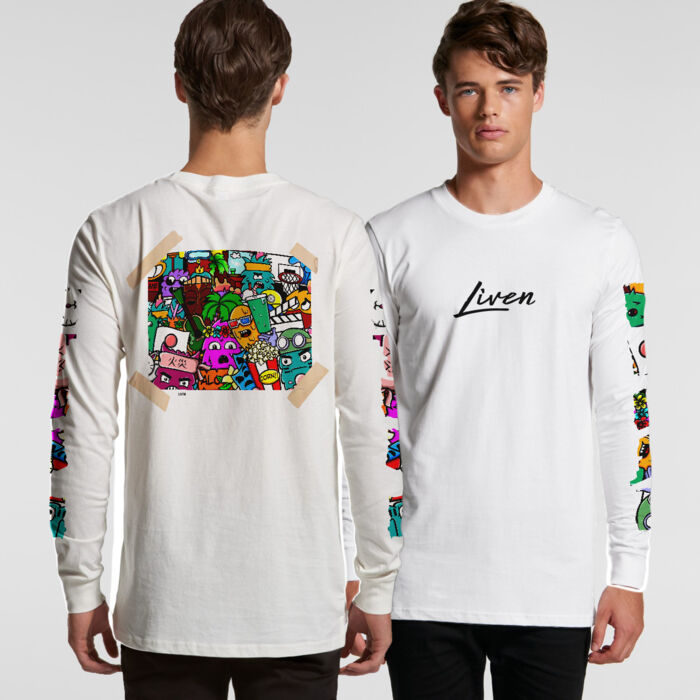 Doodle 5 Unisex Long Sleeve Shirt (White, Tan) Thumbnail