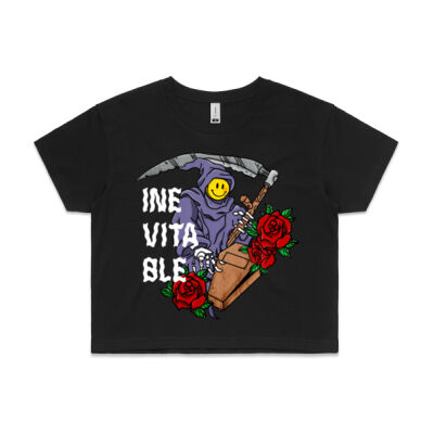 Inevitable Grim Reaper Smiley Women's Crop T-Shirt (Black) Thumbnail