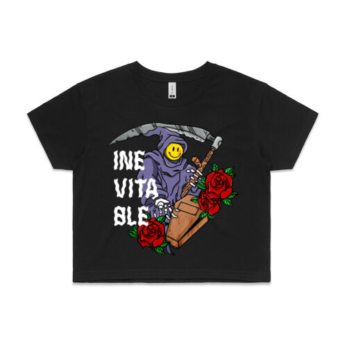 Inevitable Grim Reaper Smiley Women's Crop T-Shirt (Black) Thumbnail